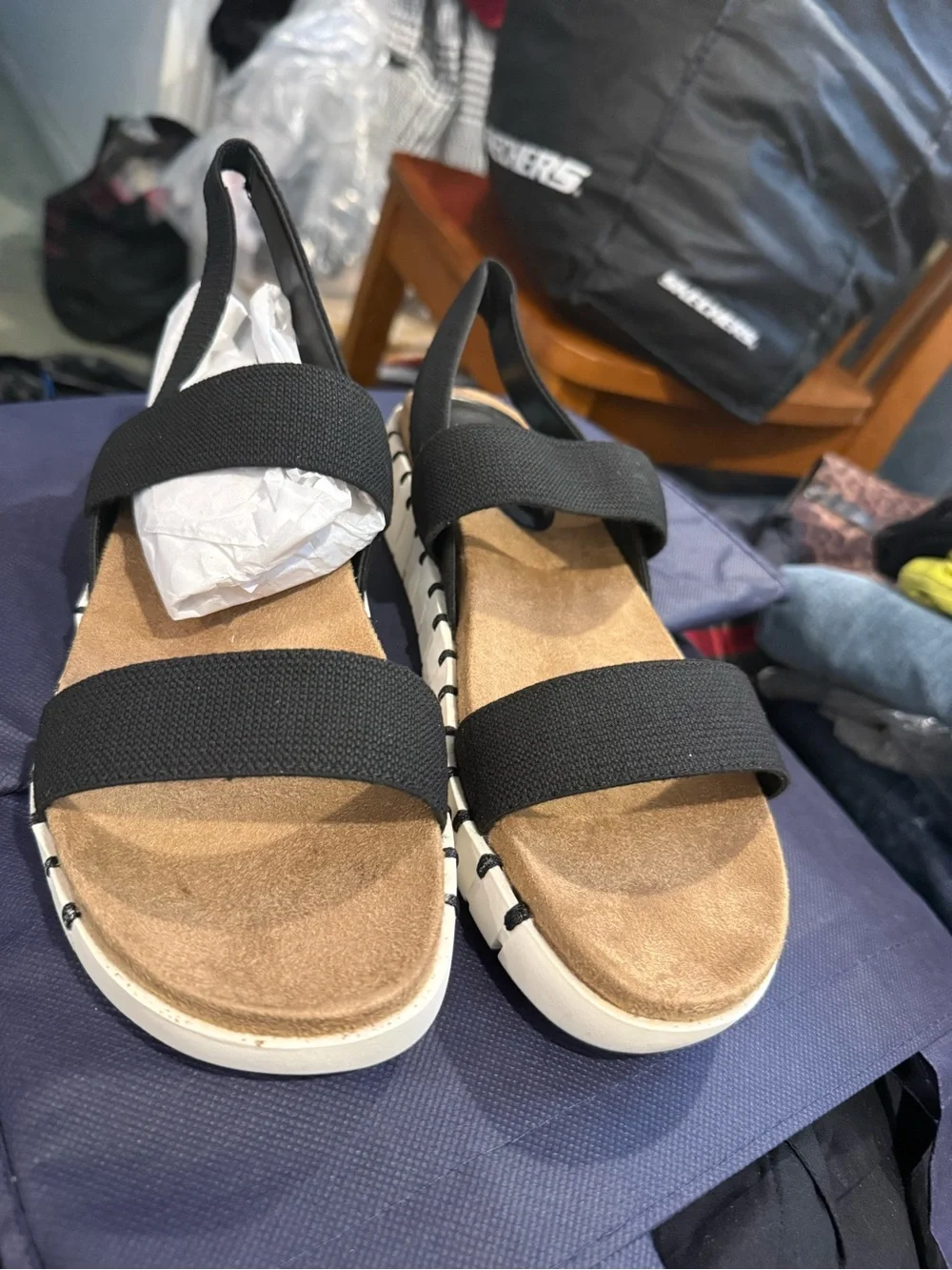 New Style & Co Black stretch strap  Platform Sandals with White Trim